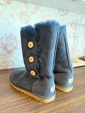 UGG Navy Suede Button-Detail Mid-Calf Boots with Shearling Trim